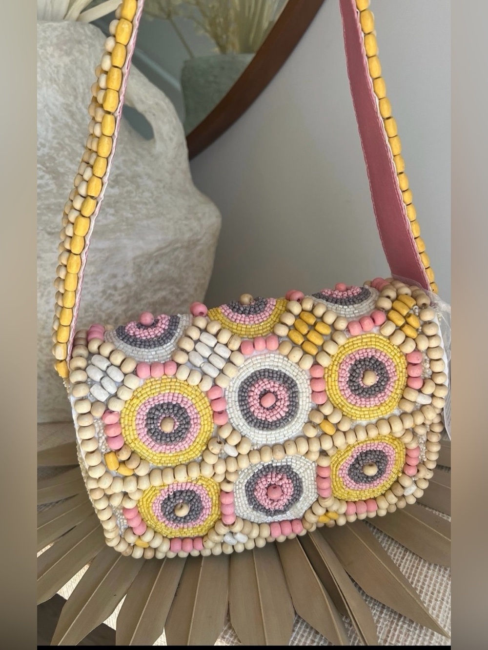 Handcrafted  wooden beaded geometric shoulder bag